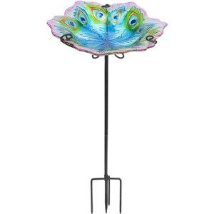 Glass Bird Bath, Garden Outdoor Birdbaths Birdfeeder with Metal Stake Peacock